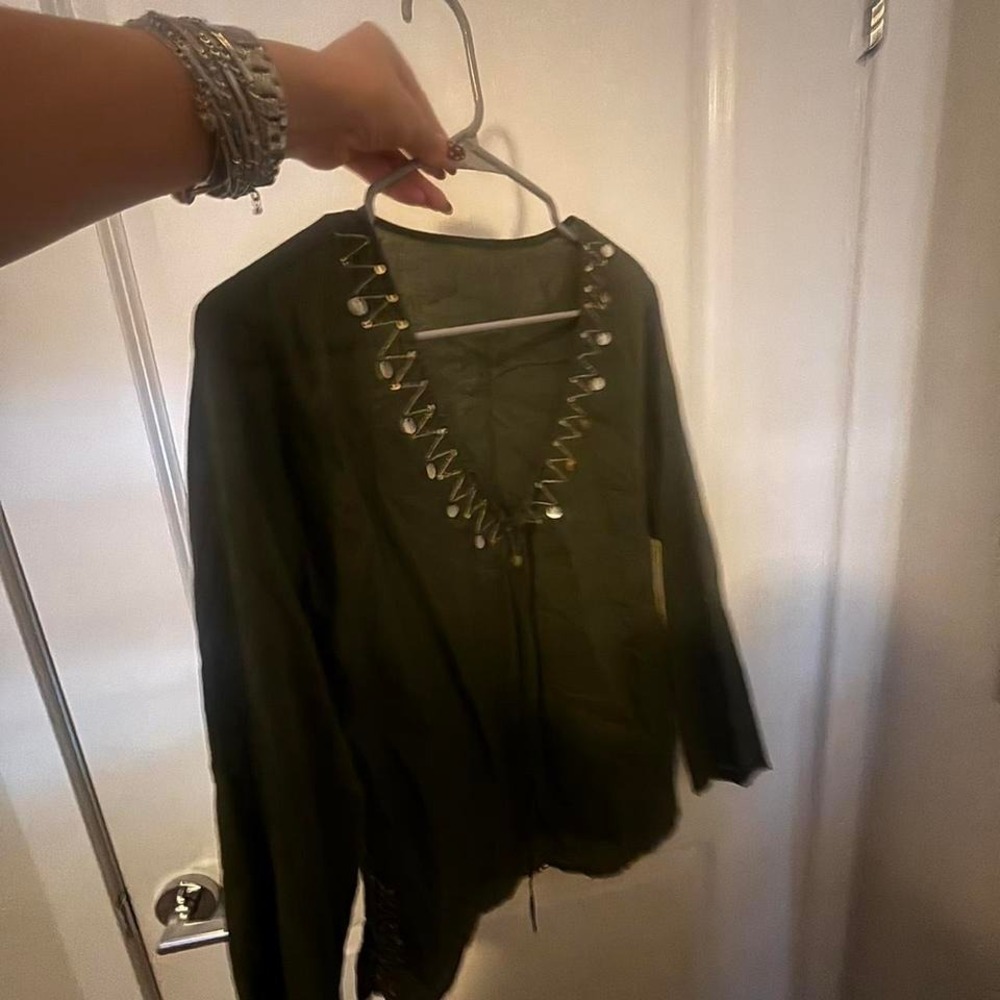 Khaki green long sleeve top with silver and gold beaded detailing - Picture 6 of 8